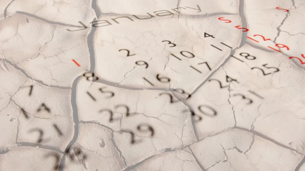 Calendar page showing January dates overlaid on cracked, dry earth, symbolizing Dry January, a month-long alcohol abstinence challenge.