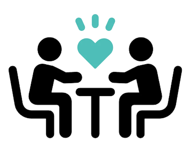 Two illustrated people sitting at a table with a heart above them
