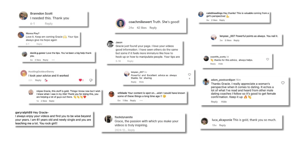 Screenshots of testimonials from Dating with Gracie social media